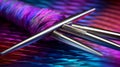 Vibrant Knitting: Silver Needles Weave Purple Wool on Abstract Yarn Background Royalty Free Stock Photo