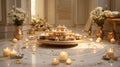 Serenity in Sacred Space: Illuminated Puja Room with Golden Decorations Royalty Free Stock Photo