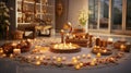 Serenity in Sacred Space: Illuminated Puja Room with Golden Decorations Royalty Free Stock Photo