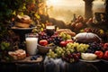 foggy misty farm field ranch. bonanza. export quality goods. A rustic wood table with abundant fruits Royalty Free Stock Photo
