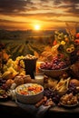 bread, meat, cheese, nuts. Farm to table. Vineyard. vast sunset farm ranch. bonanza feast. export farm goods. Royalty Free Stock Photo