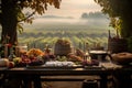 A framed table in a farm ranch. Sunset, sunrise, early morning. mist and fog. A rustic wood table with abundant food