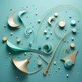 Abstract Curved Lines & Parabolas: Turquoise Blue Musical Notes & Gold Frame. Royalty Free Stock Photo