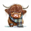 Cute Highland Cow with Style: Get this Adorable Image of a Cow Wearing Scarf and Glasses generative ai