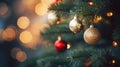 Snowy Christmas Tree Close-Up with Festive Ornaments and Bokeh Background Royalty Free Stock Photo