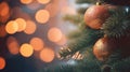 Snowy Christmas Tree Close-Up with Festive Ornaments and Bokeh Background Royalty Free Stock Photo