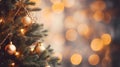 Snowy Christmas Tree Close-Up with Festive Ornaments and Bokeh Background Royalty Free Stock Photo