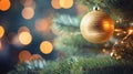 Snowy Christmas Tree Close-Up with Festive Ornaments and Bokeh Background Royalty Free Stock Photo