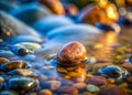 Captivating Stream Detail A Smooth Pebble Intricate Water Patterns and Delicate Bokeh in a Natural Setting Explore the Royalty Free Stock Photo