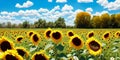 Captivating summer backdrop with a mix of sunflowers and daisies. Panorama Royalty Free Stock Photo