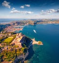 Captivating summer view from flying drone of Aragonese Castle of Baia, Italy, Europe Royalty Free Stock Photo