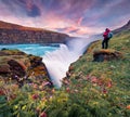 Captivating summer view of Gullfoss - popular tourist destination. Gorgeous sunrise on Hvita river. Amazing morning scene of Icela Royalty Free Stock Photo