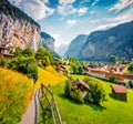 Captivating summer view of Lauterbrunnen village. Amazing morning scene of Swiss Alps