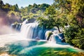 Captivating summer view of Skradinski Buk waterfall. Exotic morning scene of Krka National Park, Lozovac village location, Croati