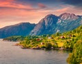 Captivating sunrise in Norway, Europe. Picturesque summer view of typical Norwegian village Royalty Free Stock Photo