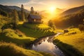 Captivating sunrise over serene valley, wooden hut by glistening stream amidst majestic hills and lush forests