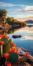 Captivating Sunset Lake With Vibrant Cactus At Waters Edge