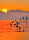 A captivating sunset over the serene lake with birds gliding amidst the enchanting orange reflections.Finest generative AI