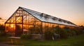Captivating Sunset Overlooking the Greenhouse. Generative AI