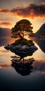 Captivating Sunset Reflection Of Tree On Island In Fjord Landsby