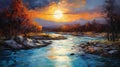 Captivating Sunset River Painting In Vivid Orange And Cyan
