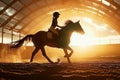 Captivating sunset scene girl jockey rides majestic horse silhouette