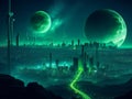 A captivating surreal cityscape with green energy sources illuminating the night sky