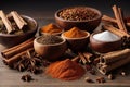 Spices such as cloves, salt and cinnamon wooden background