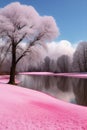 Captivating tale landscape, sunny day, magical candy floss pink colors