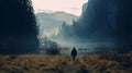 Captivating Tonalist Wilderness: A Single Man\'s Passage Through The Fog Royalty Free Stock Photo