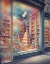 Captivating toy store window featuring a vivid display of plush toys, dolls, and colorful shelves under magical lighting, invoking