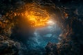 Underwater Cave with Glowing Orange Ceiling and Dark Blue Water Royalty Free Stock Photo