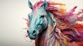 Captivating unicorn portrait, horse, close-up shot, adorned with holographic paint flowing gracefully down its majestic mane and