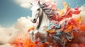 Captivating unicorn portrait, horse, close-up shot, adorned with holographic paint flowing gracefully down its majestic mane and