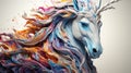 Captivating unicorn portrait, horse, close-up shot, adorned with holographic paint flowing gracefully down its majestic mane and