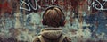 Young man wearing headphones staring at a graffiti mural. Royalty Free Stock Photo
