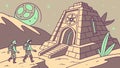 Alien Explorers Discovering Ancient Space Temple, vector design Generative AI Royalty Free Stock Photo