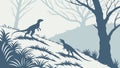Two Dinosaurs in Ancient Forest Landscape Vector, vector design Generative AI Royalty Free Stock Photo