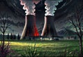 Nuclear power plant at night with smoke from chimneys. Vector illustration, generative ai Royalty Free Stock Photo