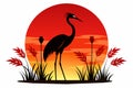 Red Crowned Crane Silhouette at Sunset Vector Illustration with Pond Plants white background