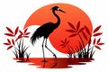 Red Crowned Crane Silhouette at Sunset Vector Illustration with Pond Plants white background