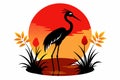 Red Crowned Crane Silhouette at Sunset Vector Illustration with Pond Plants white background