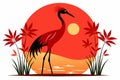 Red Crowned Crane Silhouette at Sunset Vector Illustration with Pond Plants white background