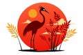 Red Crowned Crane Silhouette at Sunset Vector Illustration with Pond Plants white background