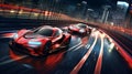 Futuristic Racing: Red & Silver Cars Speeding on Neon-lit Track Royalty Free Stock Photo