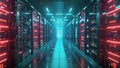 A captivating Video of a long hallway illuminated by rows of alternating red and blue lights, A futuristic data center with