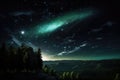 Captivating view of a green nebula shining near a towering rock in the bustling night sky. Perfect for astronomy enthusi