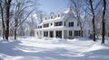 SnowCovered White Farmhouse with Black Shutters Surrounded by Winter Trees Royalty Free Stock Photo