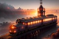 The Captivating View of Mountains and Sunset Reflected on the Sea, with a Classic style Locomotive Docked at the Pier. AI Royalty Free Stock Photo