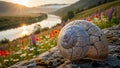 Snail Shell Resting on a Mossy Rock with a Picturesque Landscape Backdrop Royalty Free Stock Photo